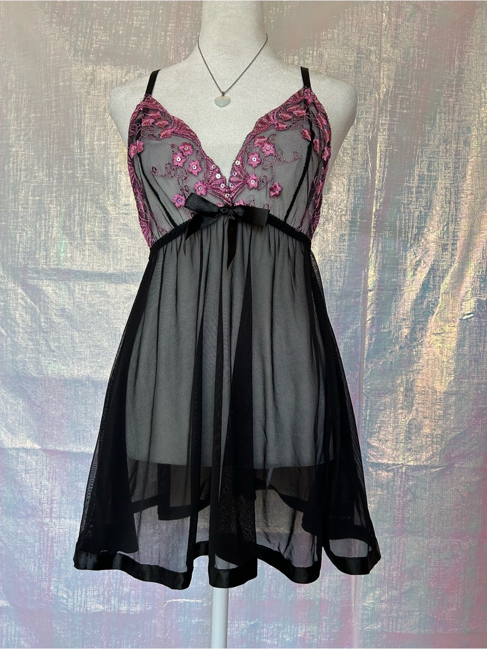 Sheer Black Babydoll Chemise with Pink Floral Embroidery. Size M.